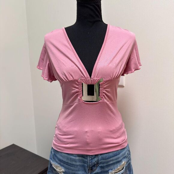 Vintage Hot Kiss Babydoll Top \ Y2K Pink V-Neck Blouse w. Flowy Sleeves \ Sz SM - Picture 1 of 7